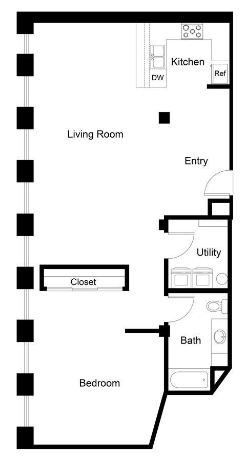 Floor plan for 1 bed, 1 bath, 1130 sqft